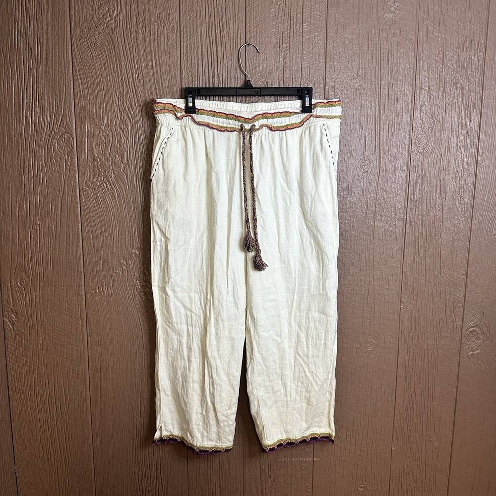 Soft Surroundings Ivory With Crochet Trim Wide‎ Leg Crop Pants Sz L Cotton Gauzy